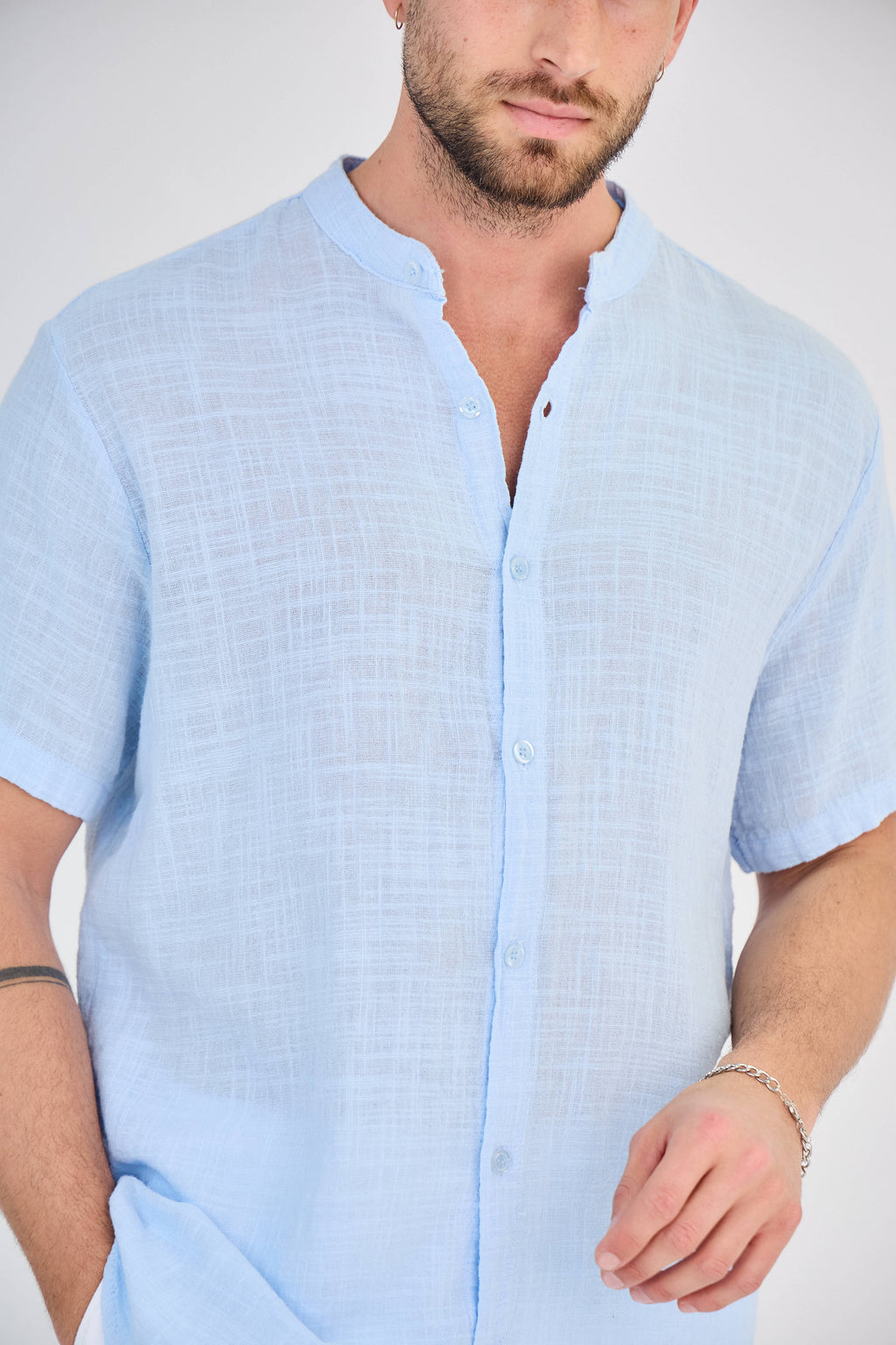 Chemise en Lin Manches Courtes Bleu Ciel