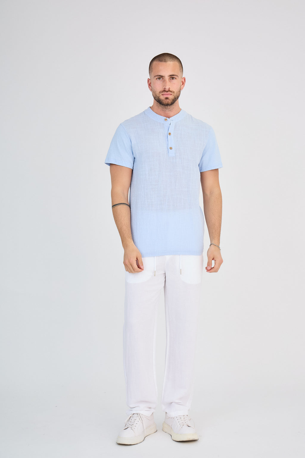 Chemisette en Lin Col Mao Bleu Clair