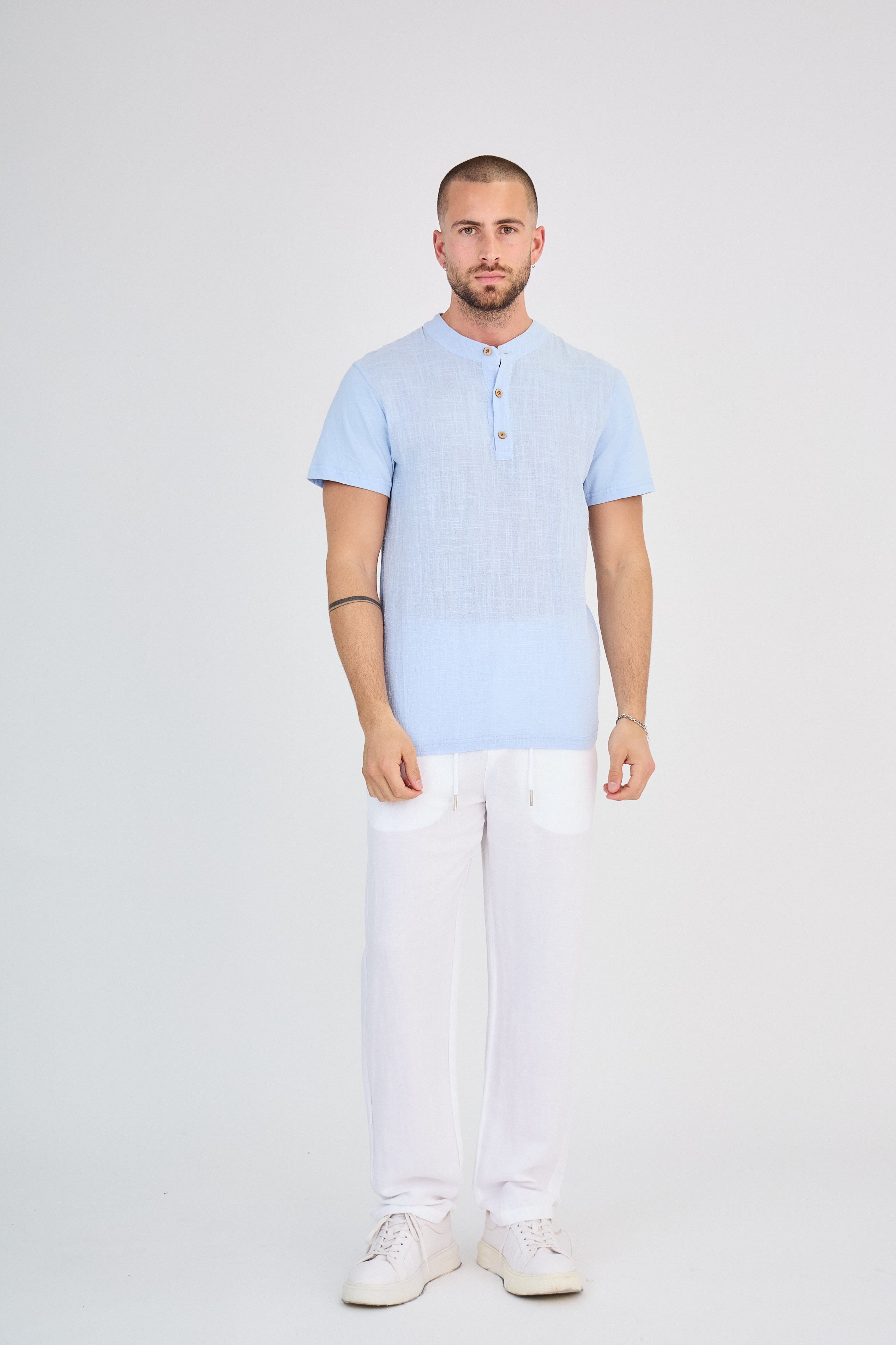 Chemisette en Lin Col Mao Bleu Clair