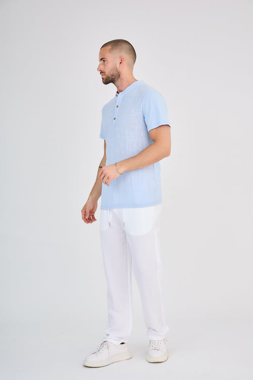 Sky Blue Short Sleeve Linen Henley T-Shirt
