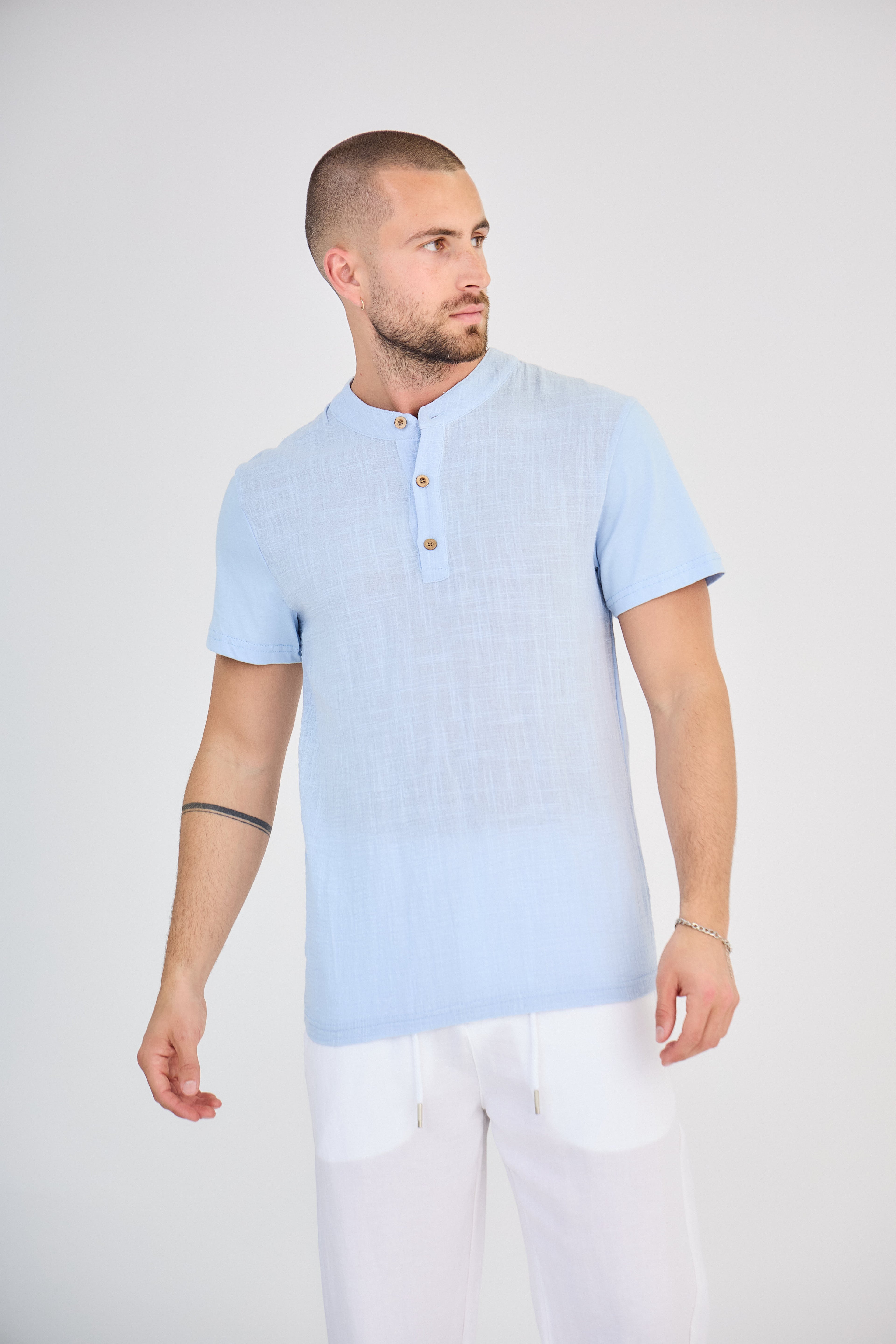 Chemisette en Lin Col Mao Bleu Clair