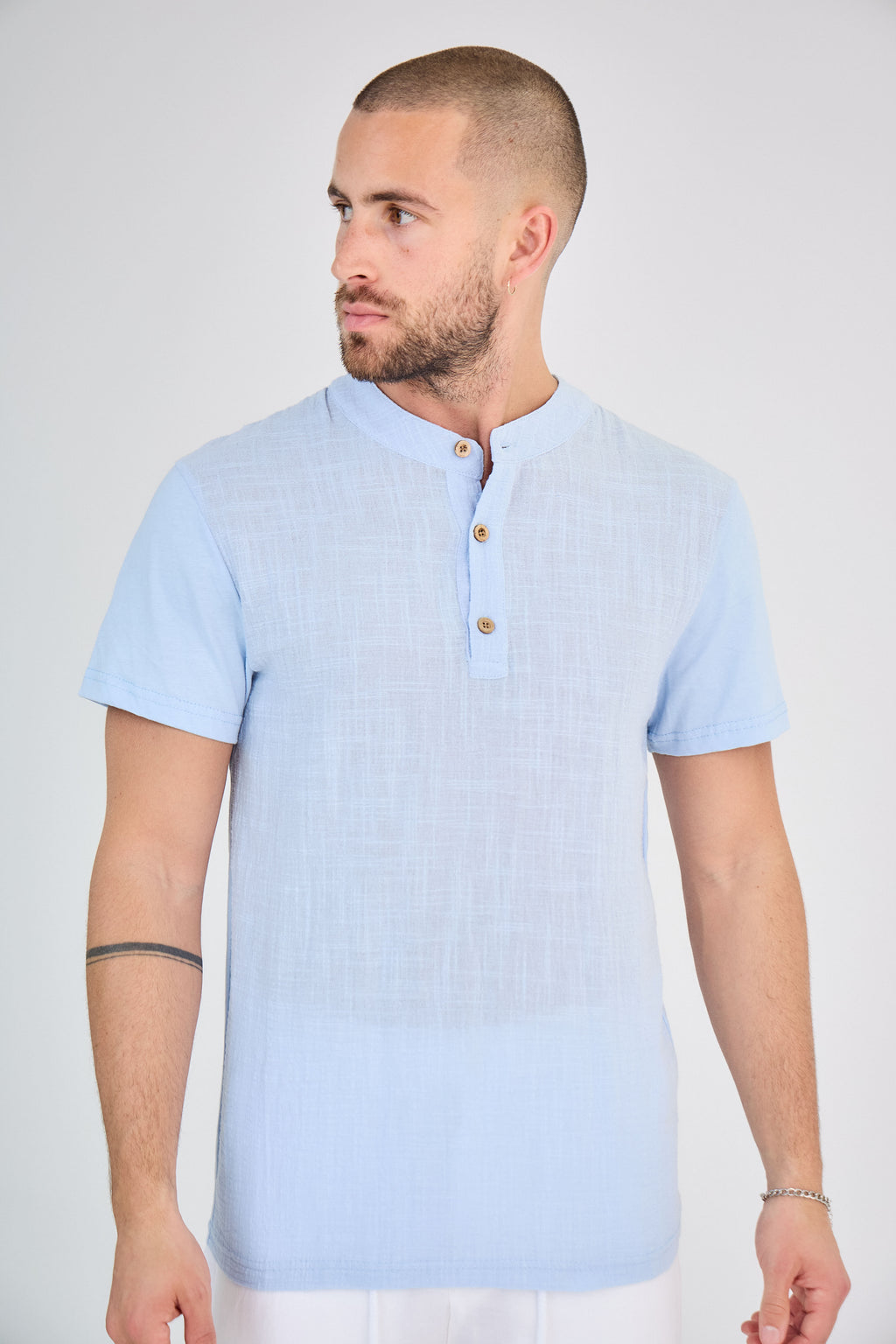 Chemisette en Lin Col Mao Bleu Clair