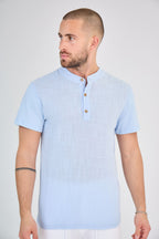 Sky Blue Short Sleeve Linen Henley T-Shirt