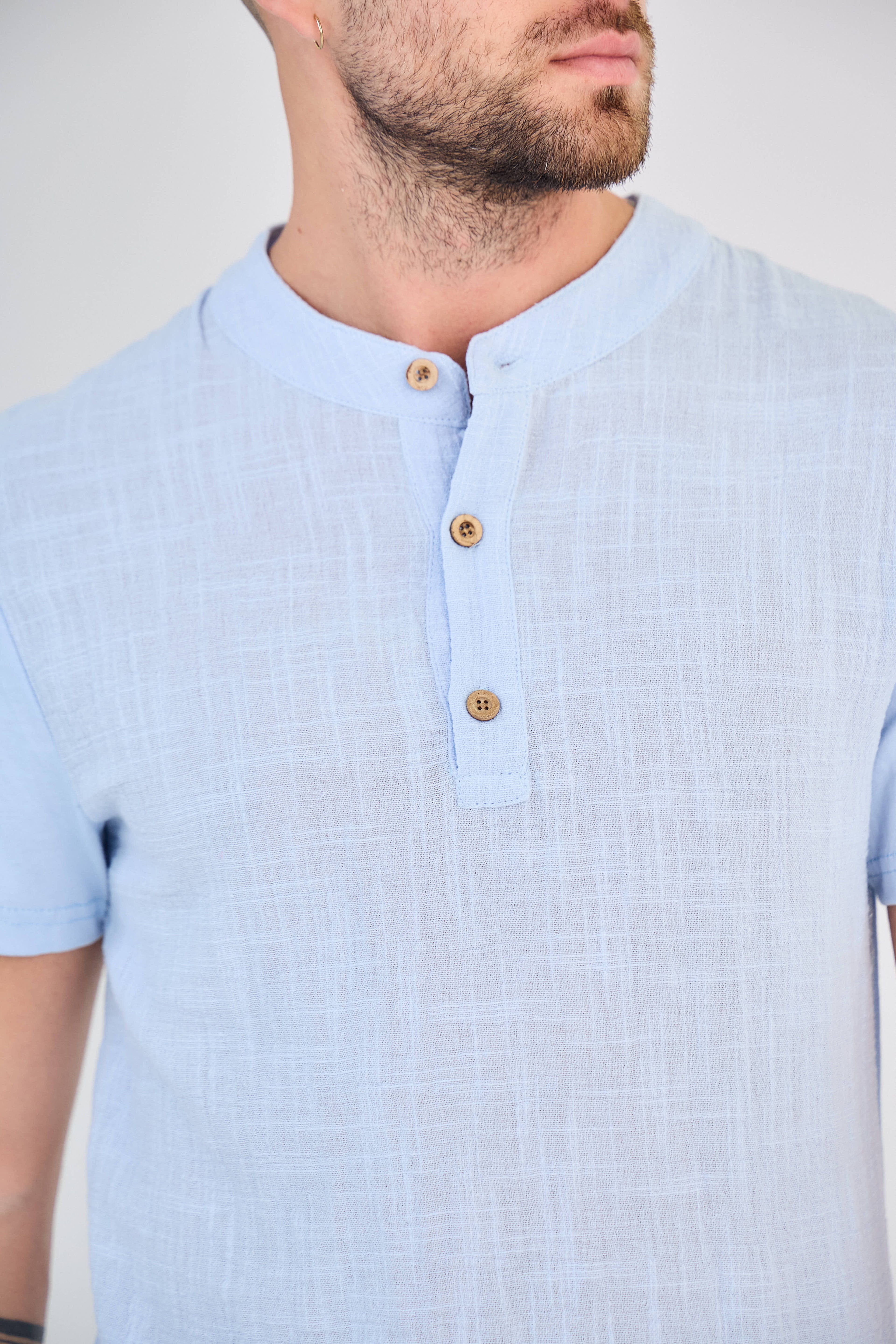 Chemisette en Lin Col Mao Bleu Clair