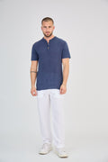 Navy Blue Short Sleeve Linen Henley T-Shirt