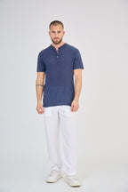 Navy Blue Short Sleeve Linen Henley T-Shirt