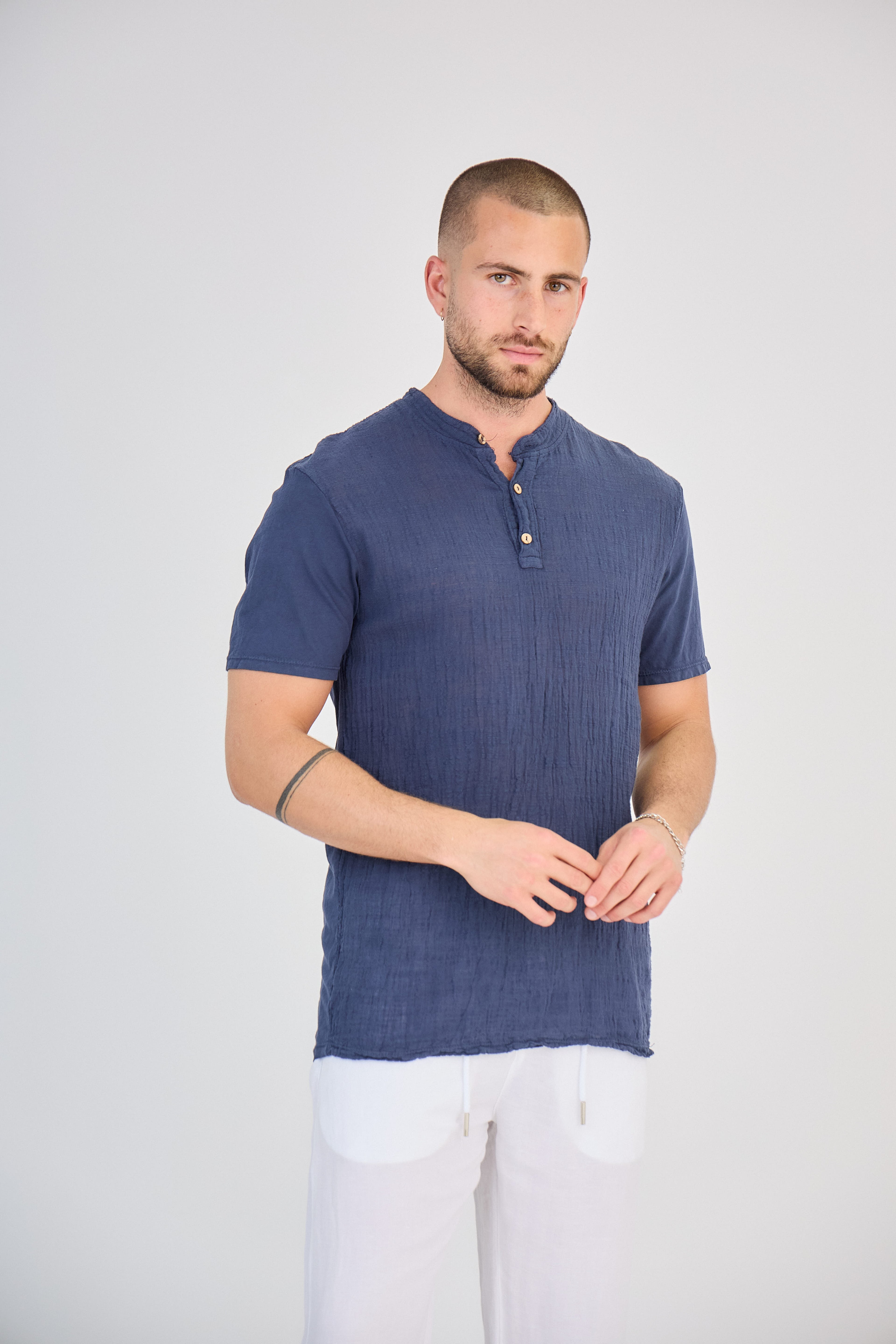 Chemisette en Lin Col Mao Bleu Marine