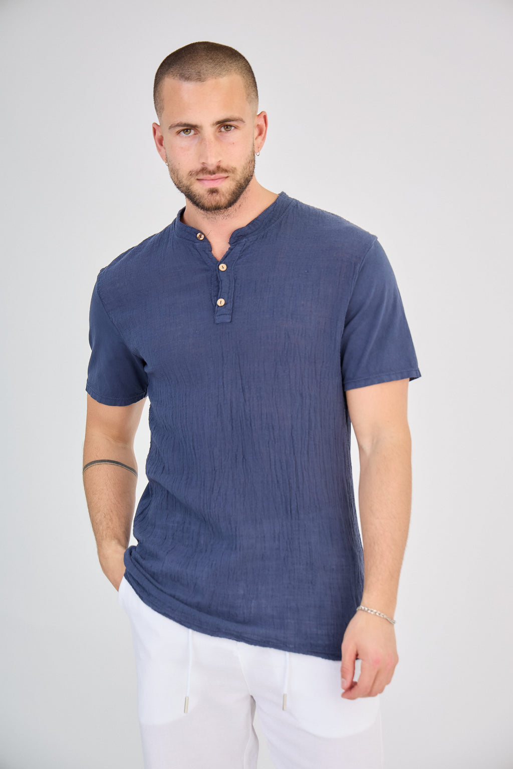 Chemisette en Lin Col Mao Bleu Marine