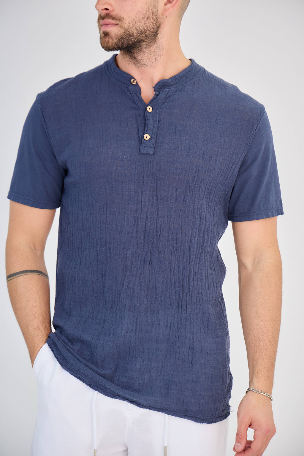 Chemisette en Lin Col Mao Bleu Marine