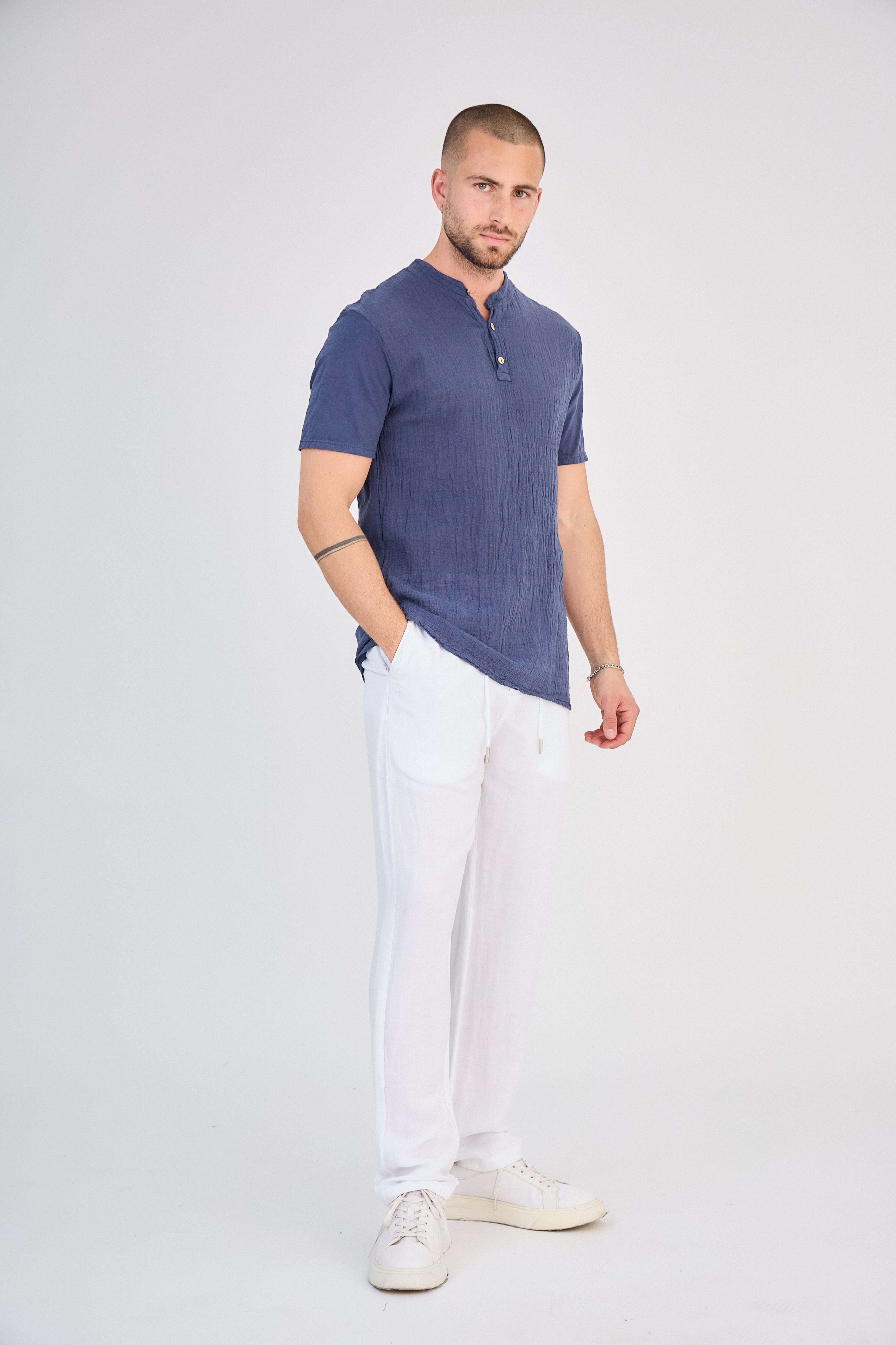 Chemisette en Lin Col Mao Bleu Marine