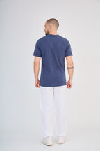 Navy Blue Short Sleeve Linen Henley T-Shirt