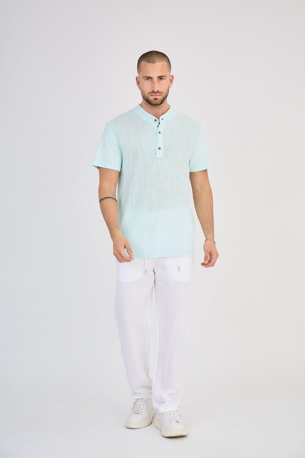 Chemisette en Lin Col Mao Bleu Clair