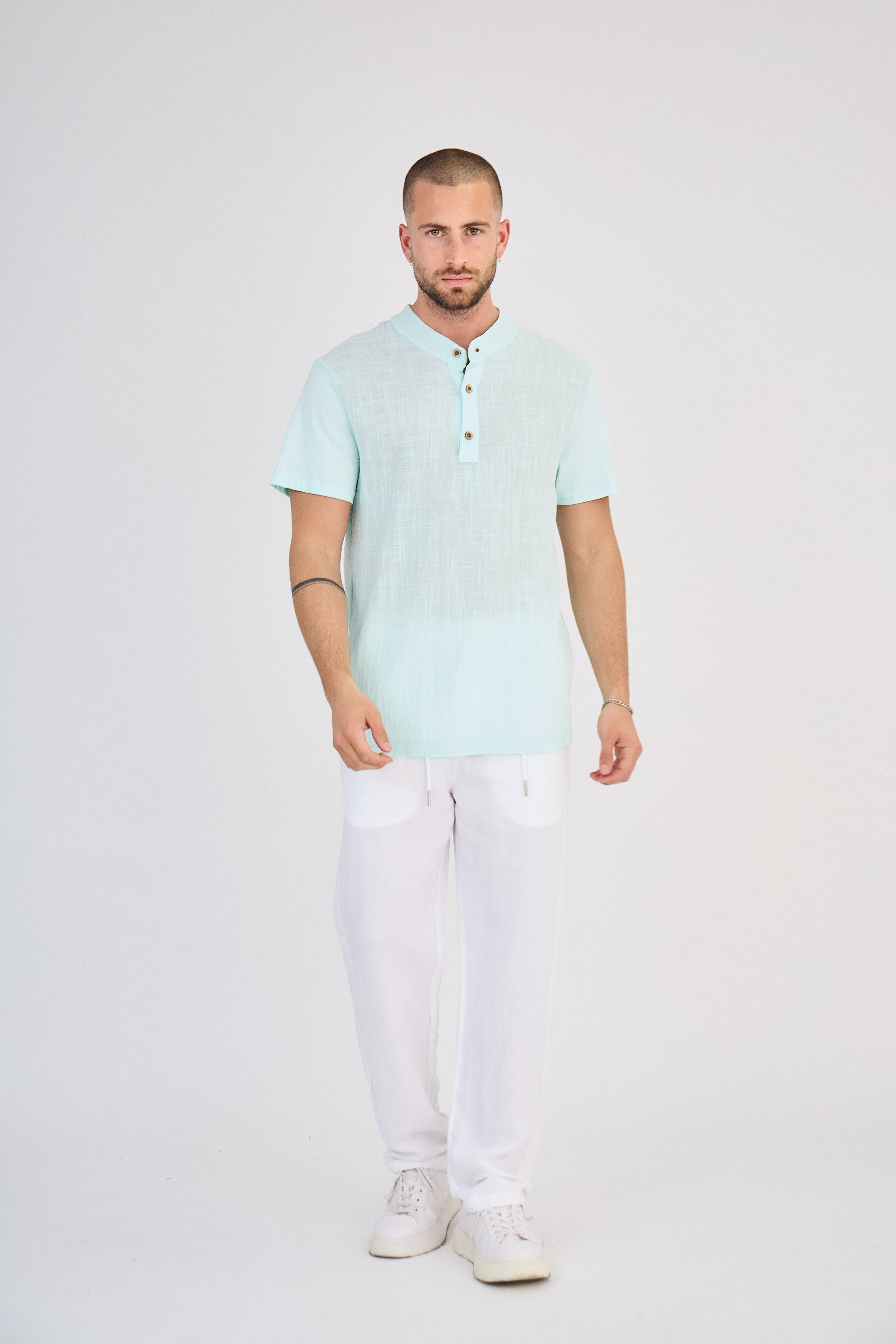 Chemisette en Lin Col Mao Bleu Clair