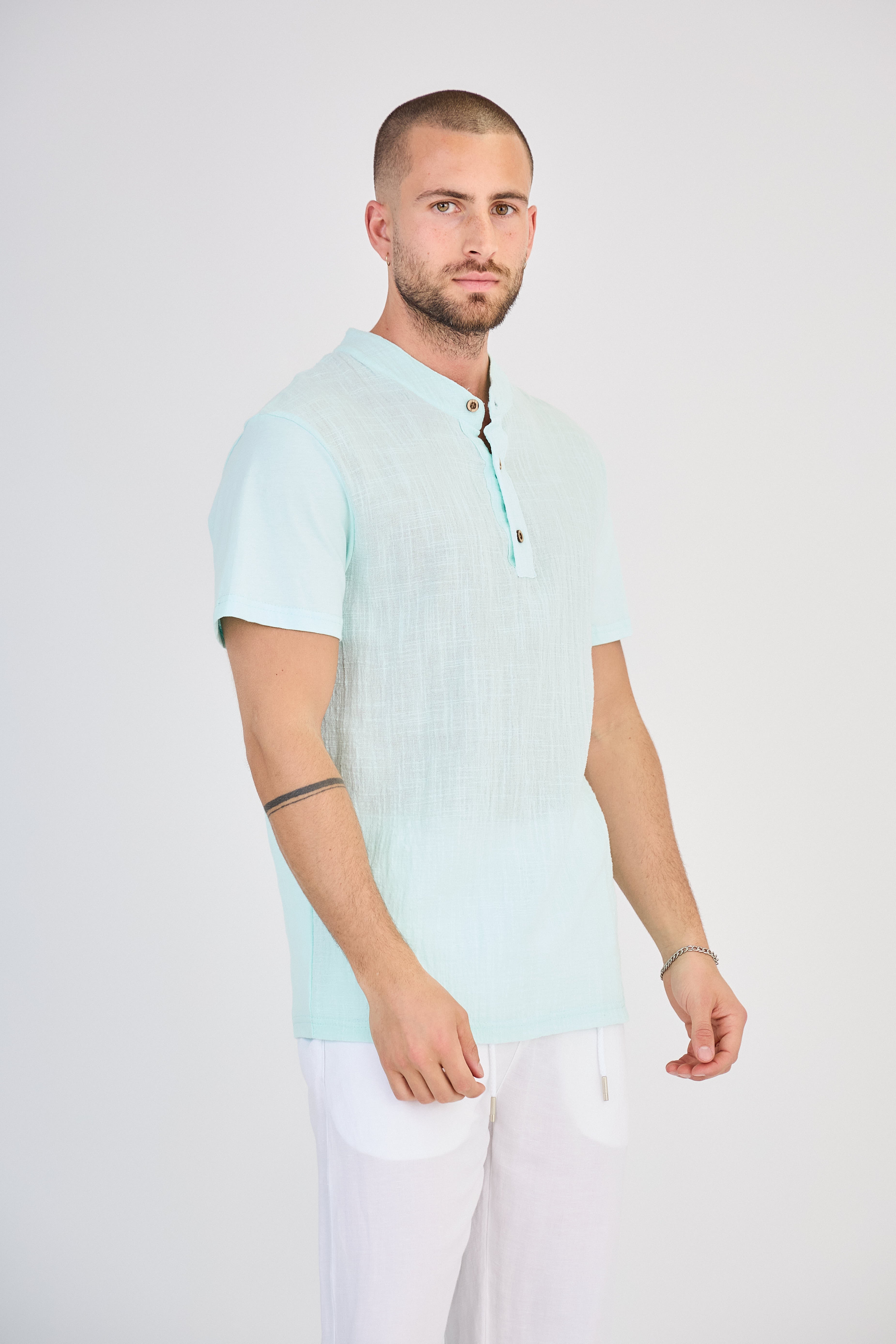 Chemisette en Lin Col Mao Bleu Clair