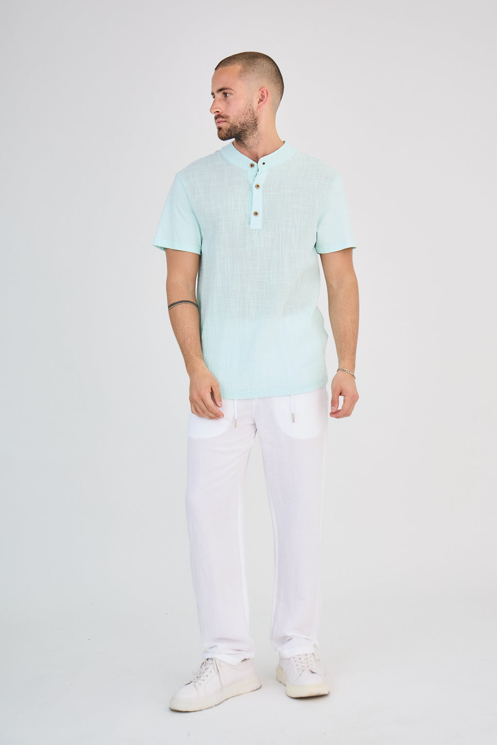 Chemisette en Lin Col Mao Bleu Clair