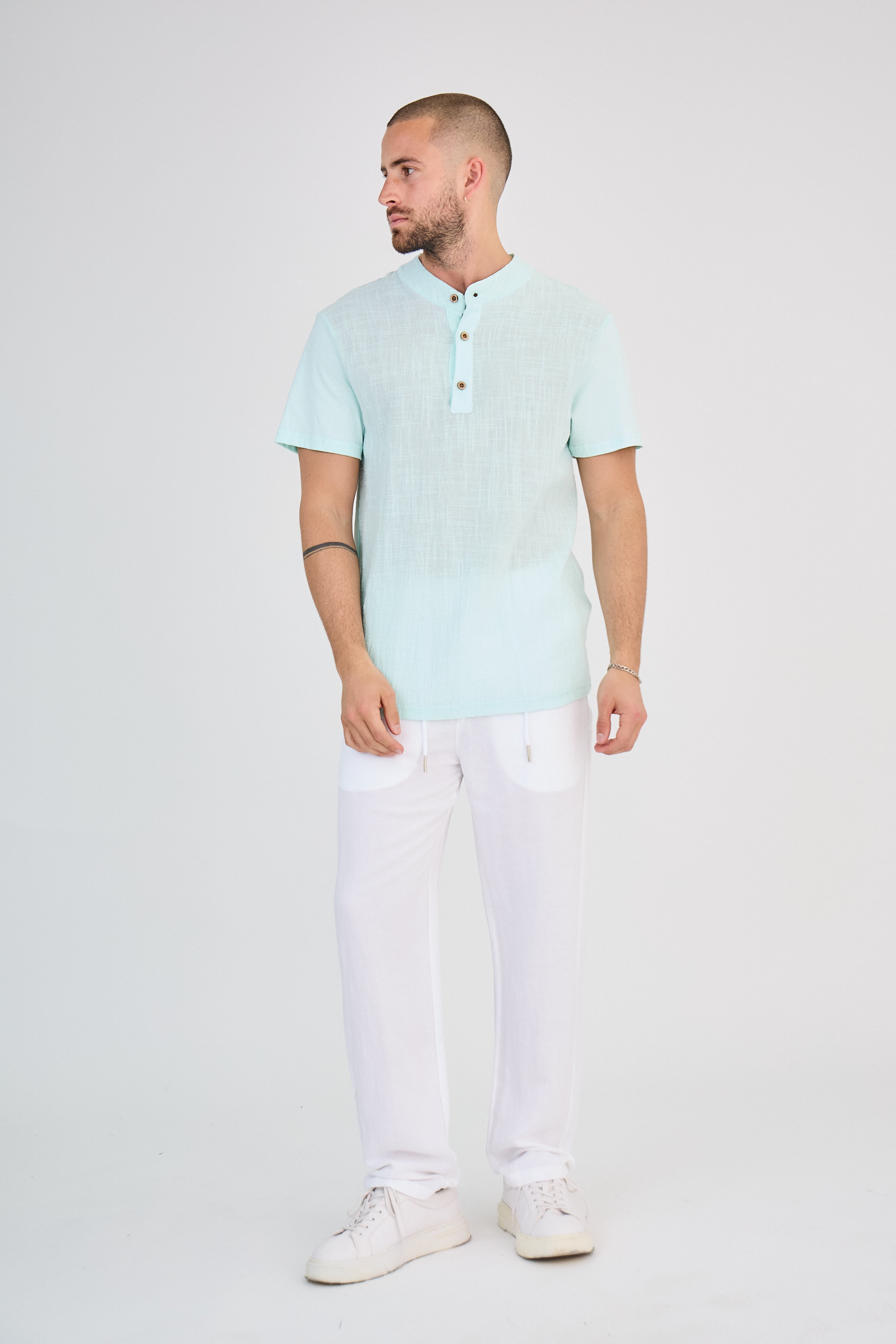 Chemisette en Lin Col Mao Bleu Clair