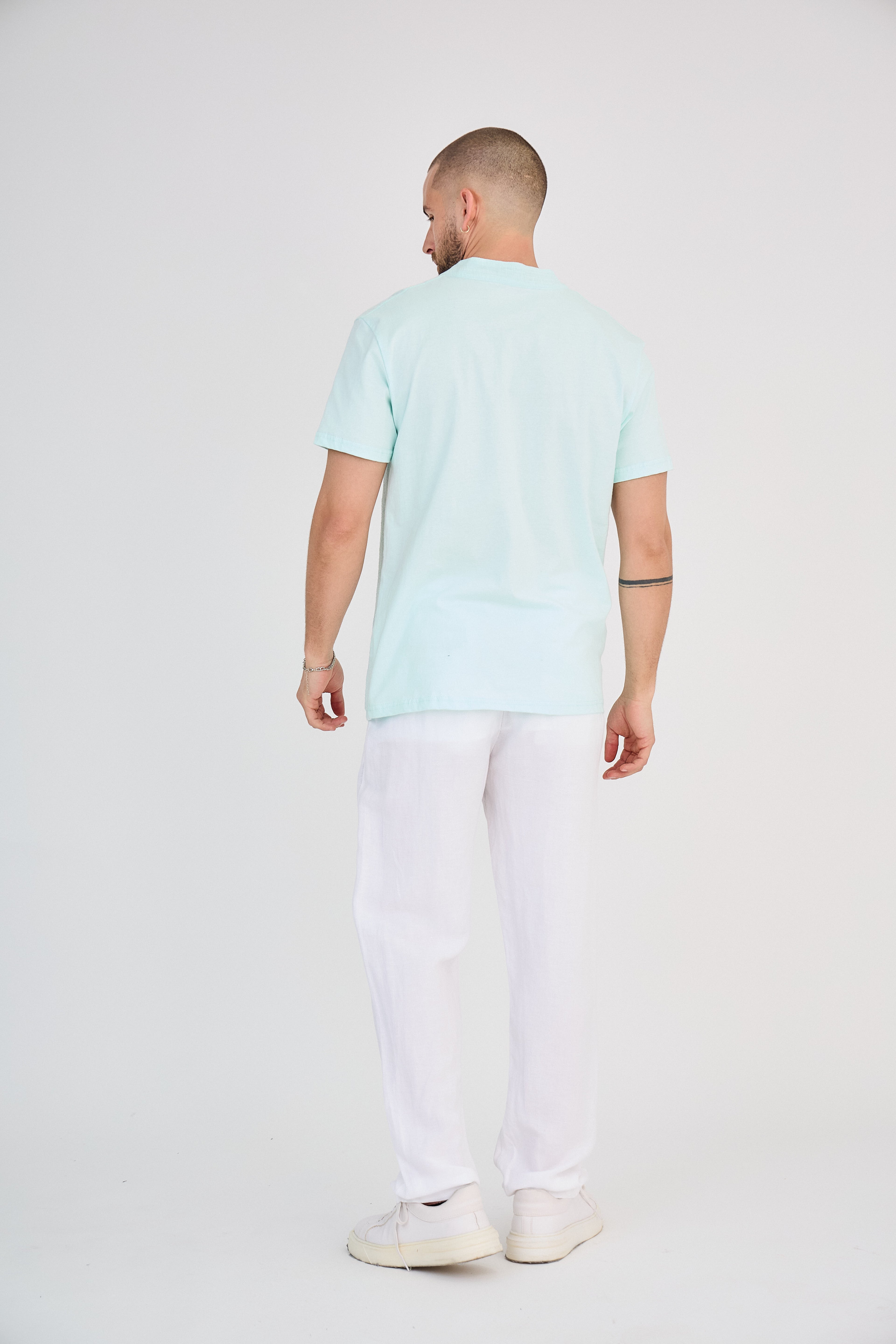 Chemisette en Lin Col Mao Bleu Clair