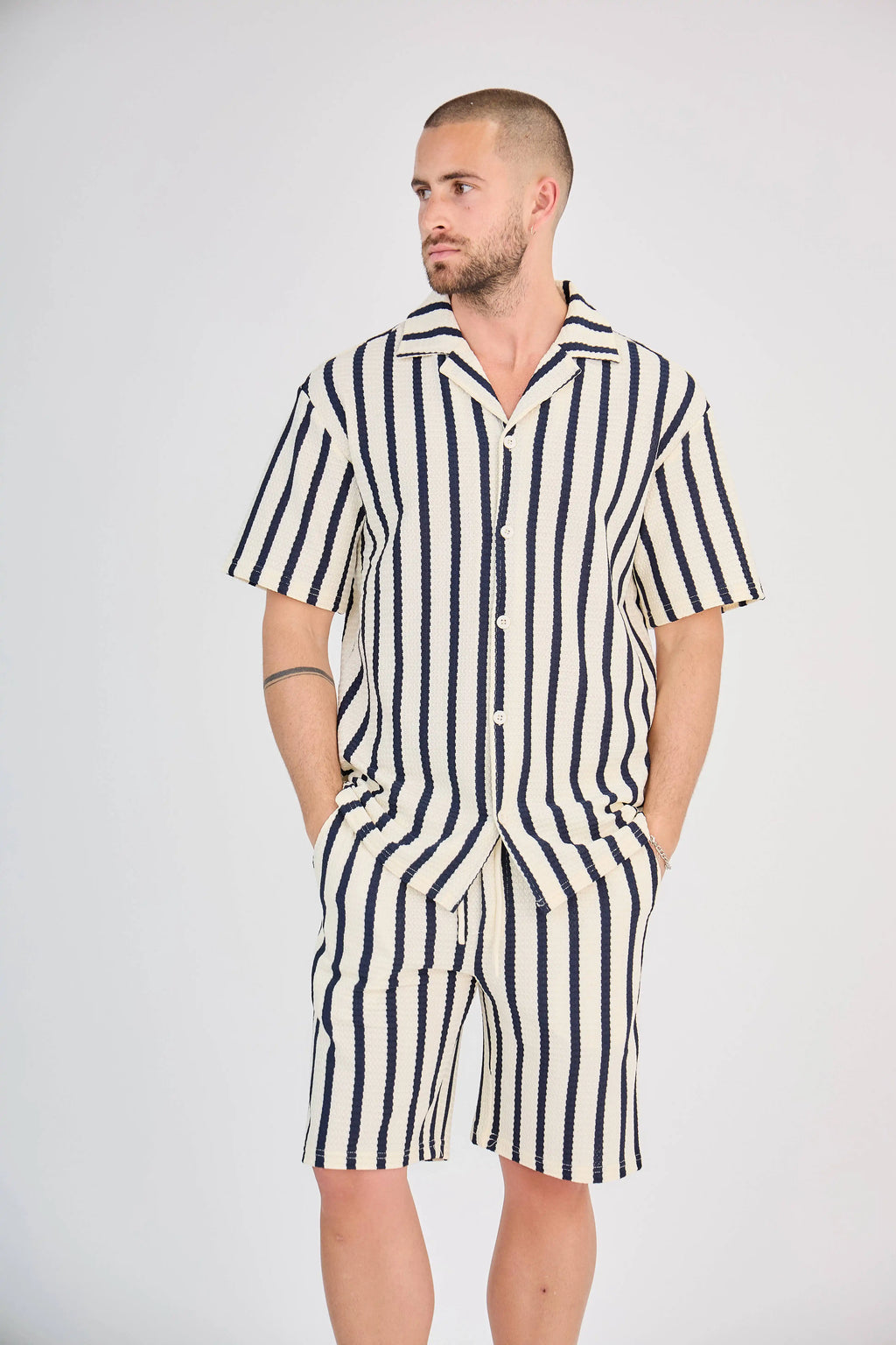 Ensemble Rayure Nid d'Abeille Bleu Marine