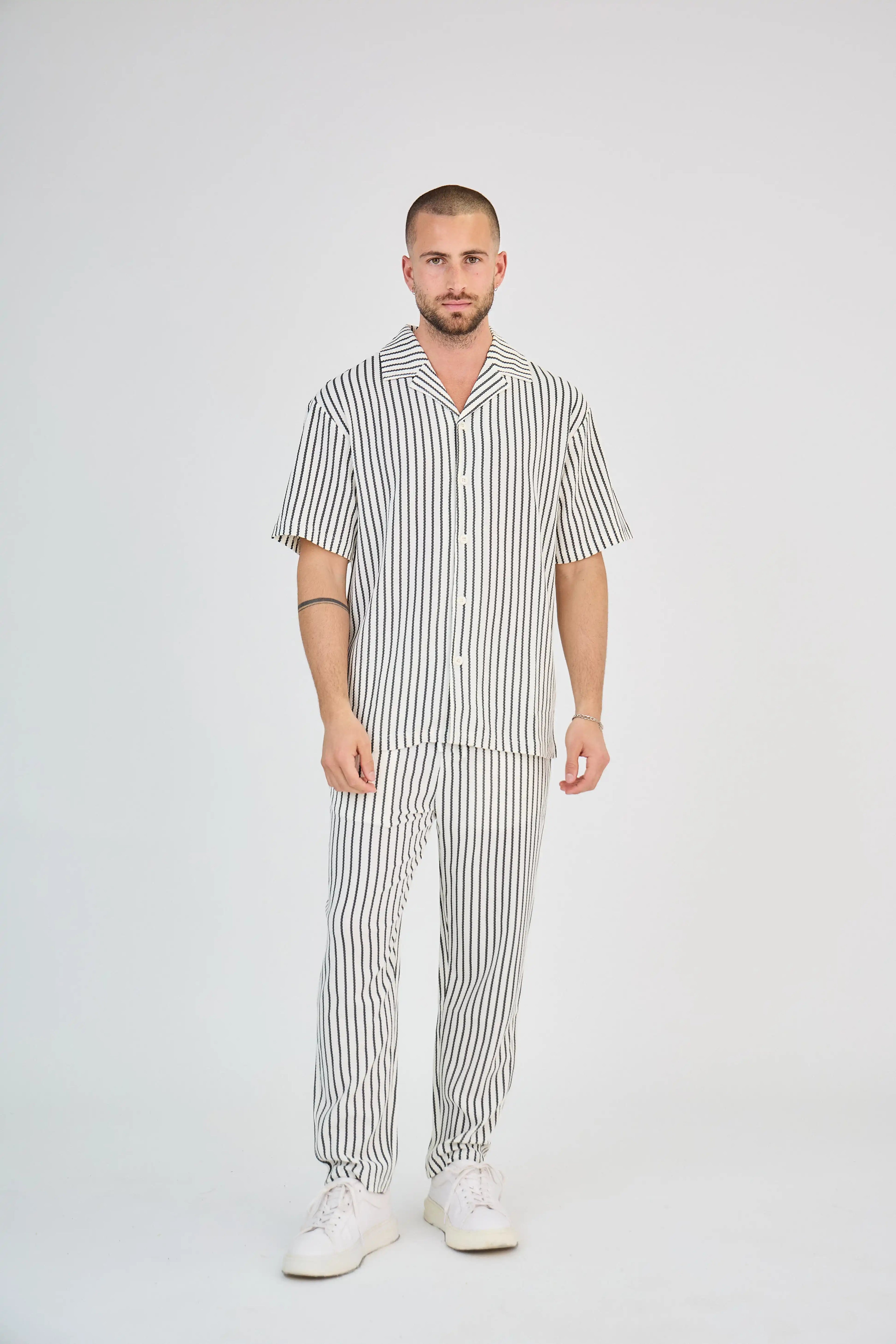 Ensemble Maille Rayée Écru Pantalon