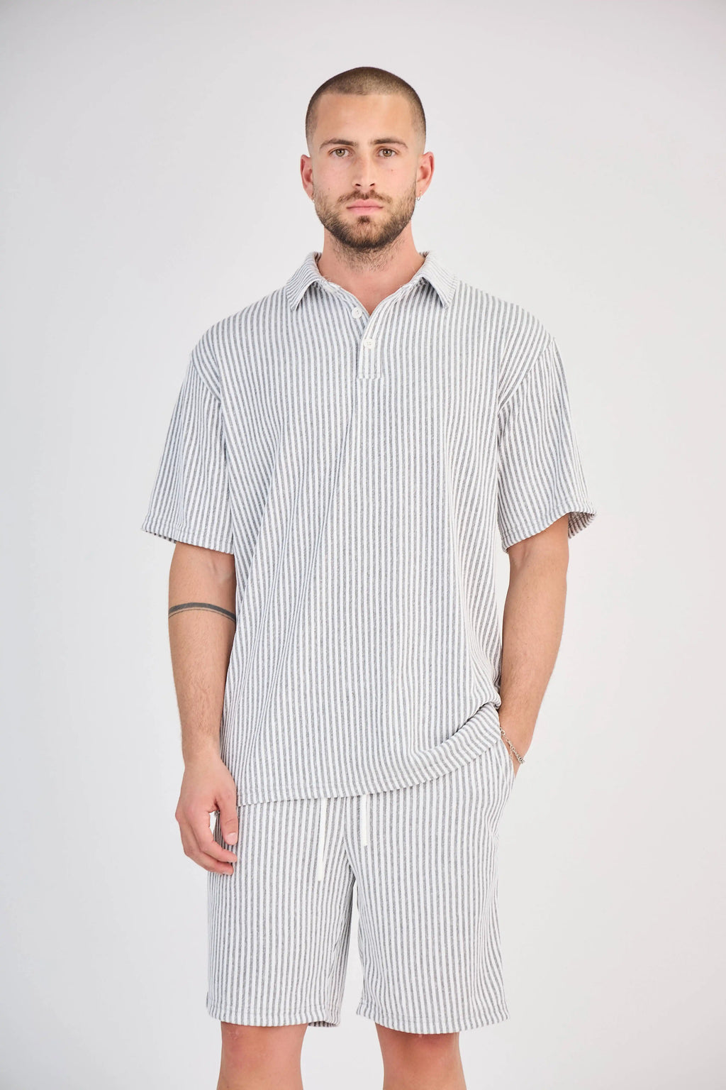 Ensemble Maille Rayée Écru Short