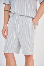 Ecru Striped Knit Shorts Set
