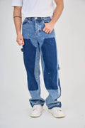 Blue Detailed Two-Tone Cargo Jeans
