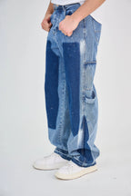 Blue Detailed Two-Tone Cargo Jeans
