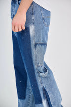 Blue Detailed Two-Tone Cargo Jeans