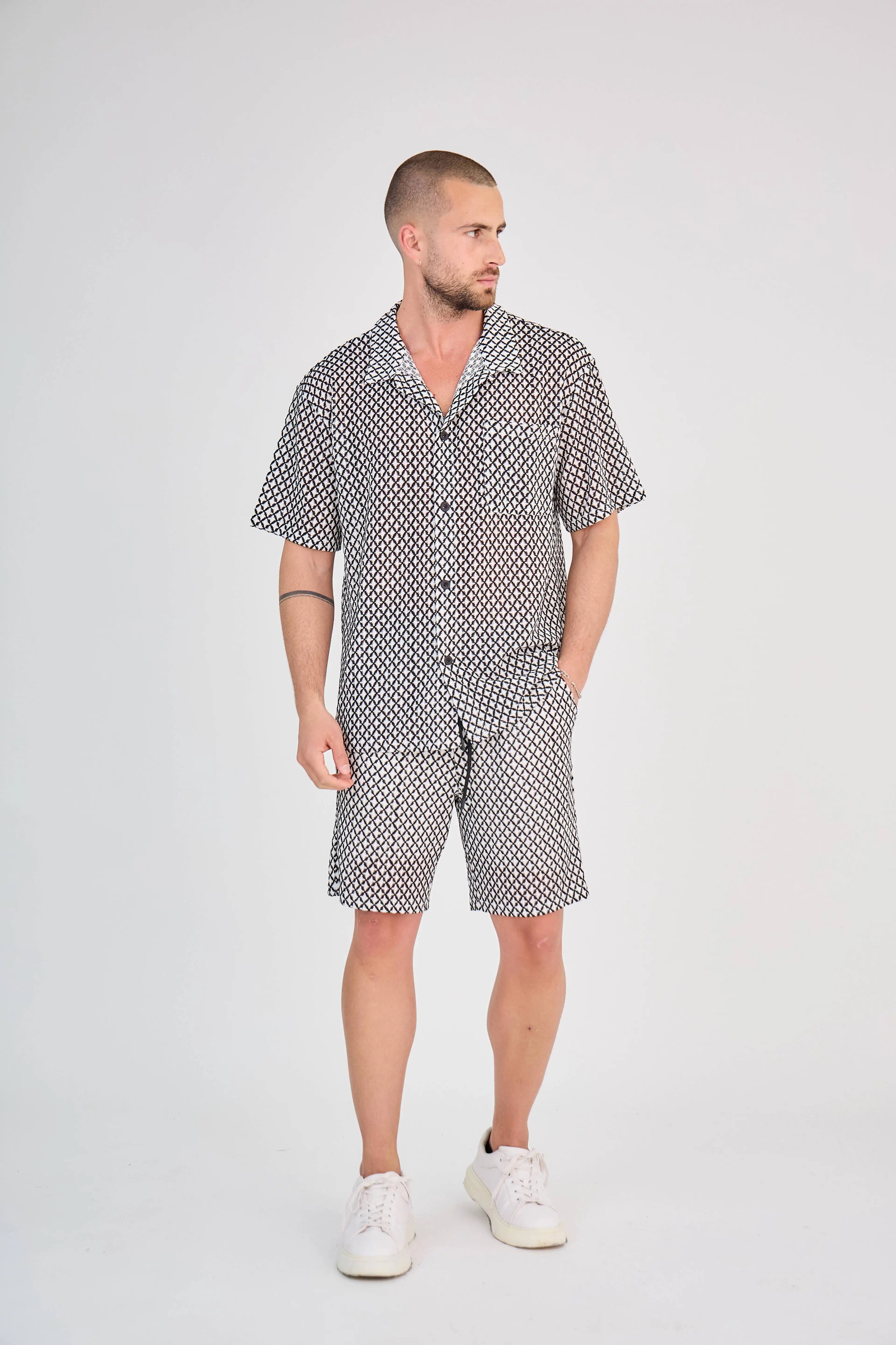 Ensemble Maille Géométrique Ajourée Noir et Blanc