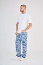 Faded Blue Jeans with Fringes and Seams