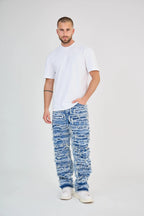 Faded Blue Jeans with Fringes and Seams