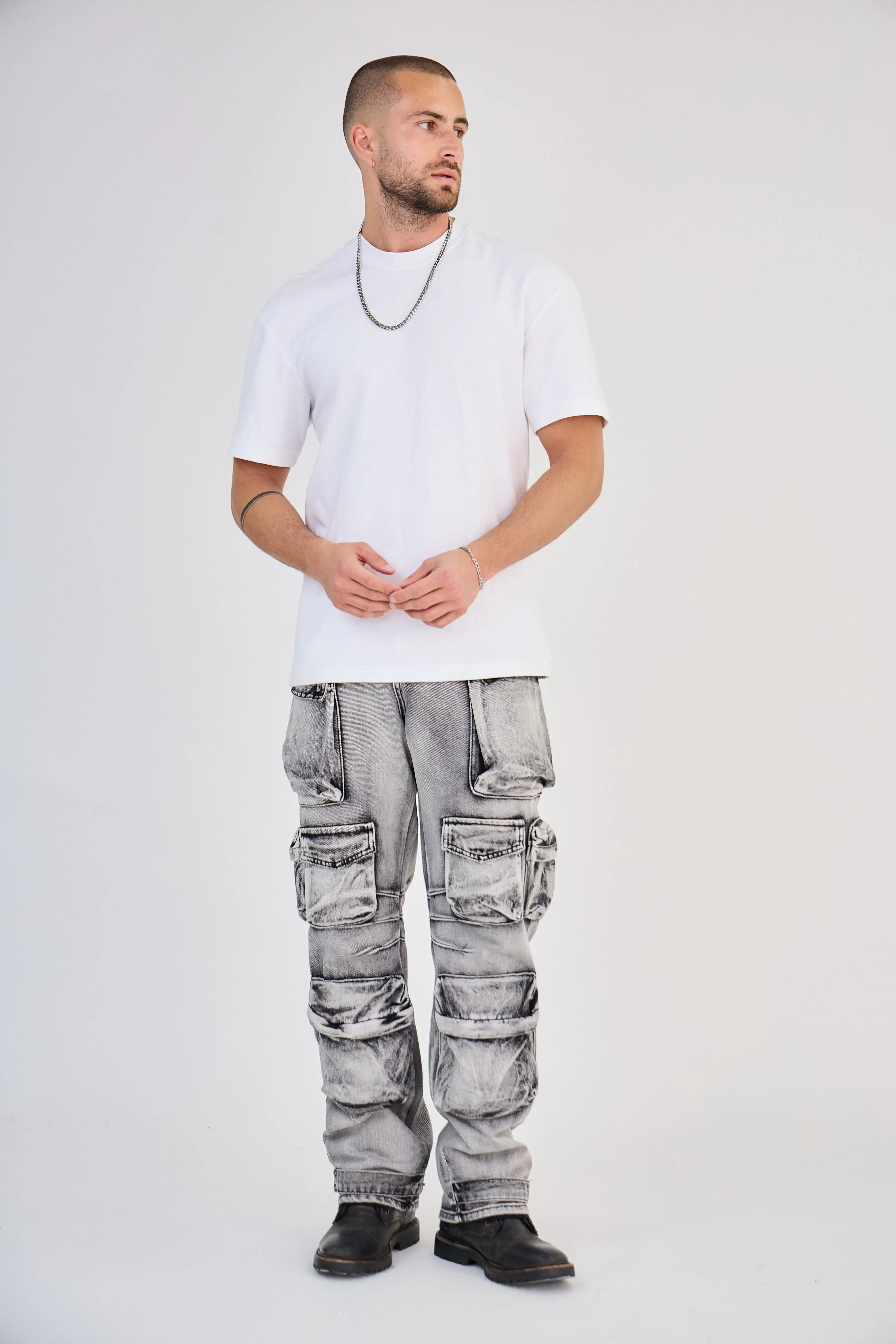 Jean Cargo Multi-Poches Délavé Gris Clair