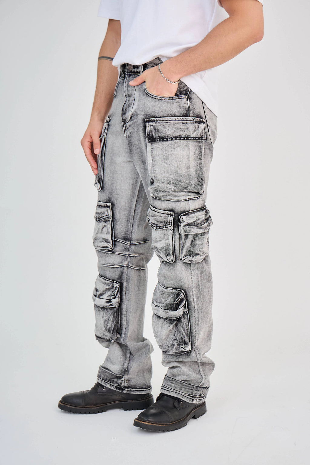 Jean Cargo Multi-Poches Délavé Gris Clair