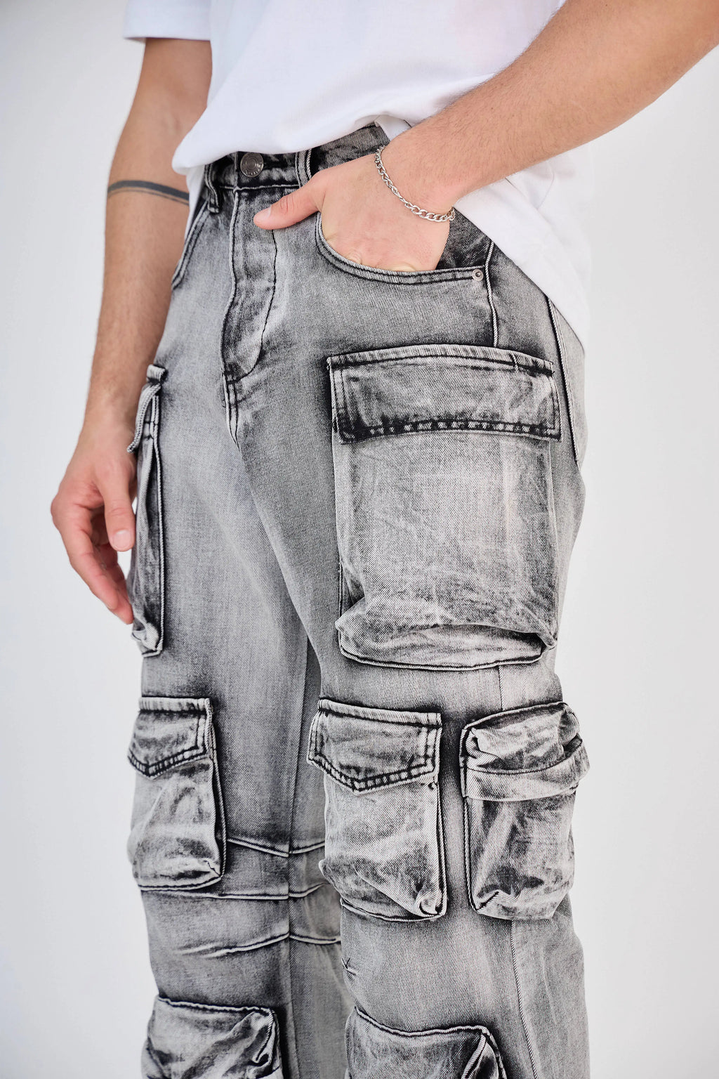 Jean Cargo Multi-Poches Délavé Gris Clair