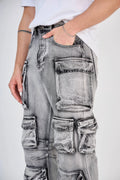 Light Grey Washed Multi-Pocket Cargo Jeans
