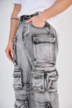 Light Grey Washed Multi-Pocket Cargo Jeans