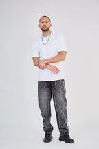 Black Grey Medium Wash Studded Straight Jeans
