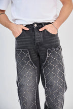 Black Grey Medium Wash Studded Straight Jeans