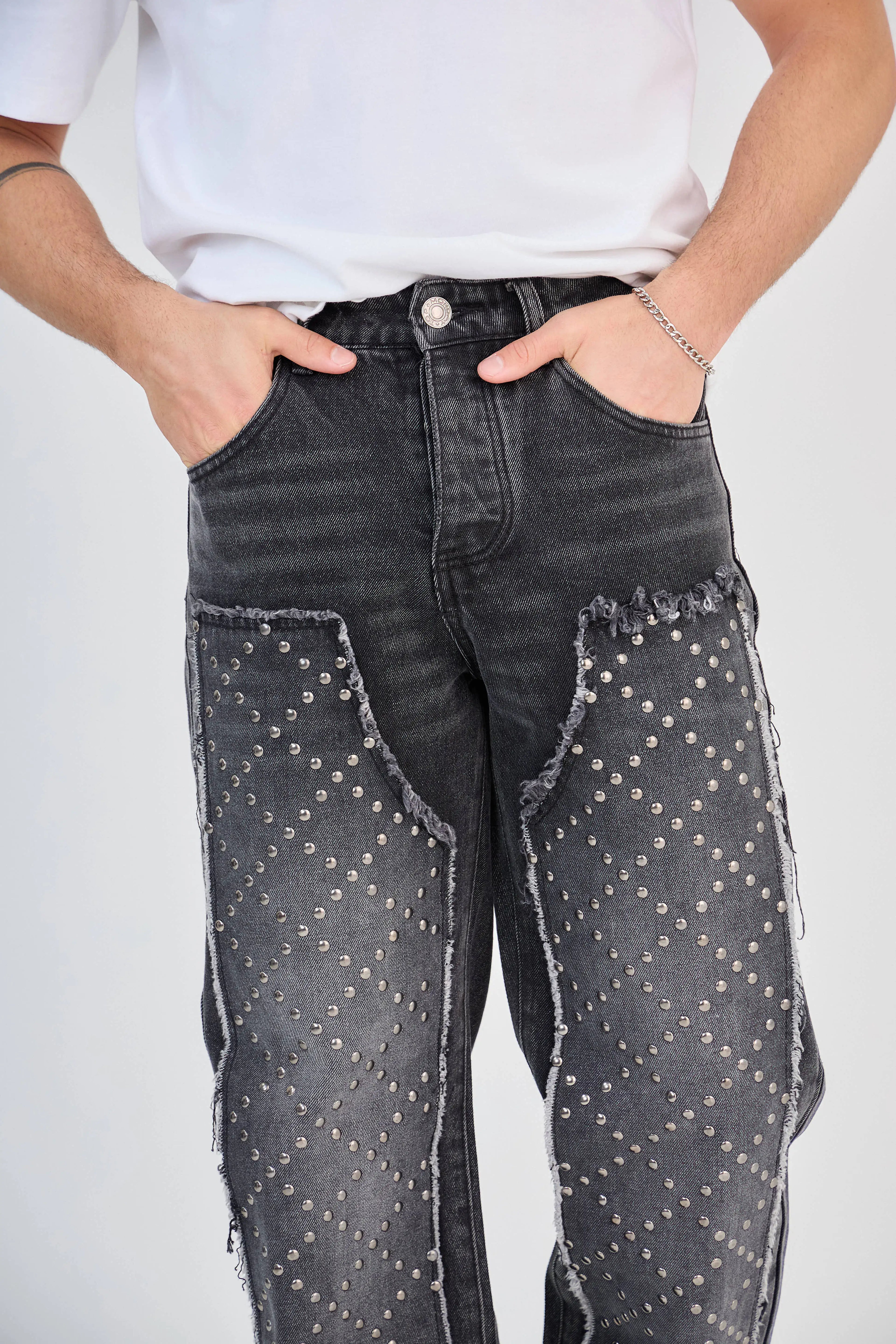 Jean Droit Clouté Noir Gris Délavé Moyen