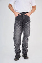 Black Grey Medium Wash Studded Straight Jeans