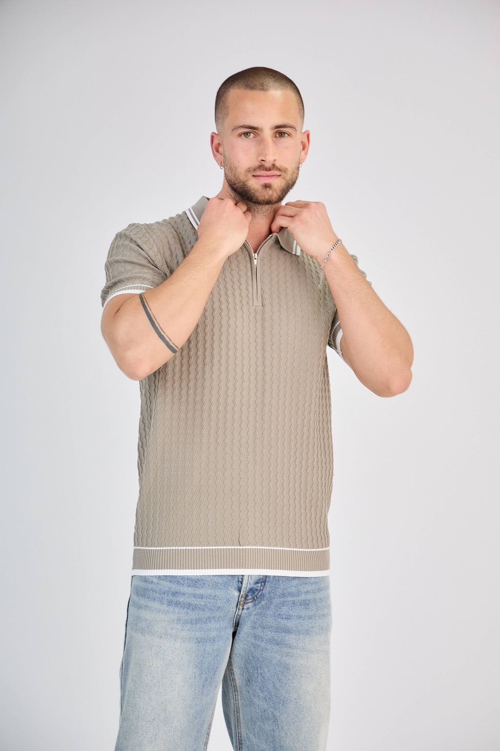 Polo zippé en maille torsadée Blanc