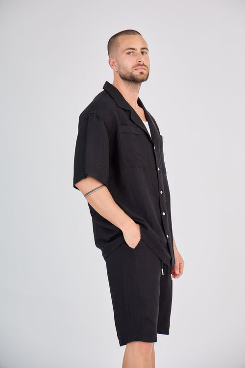 Black Short Sleeve Linen Shirt