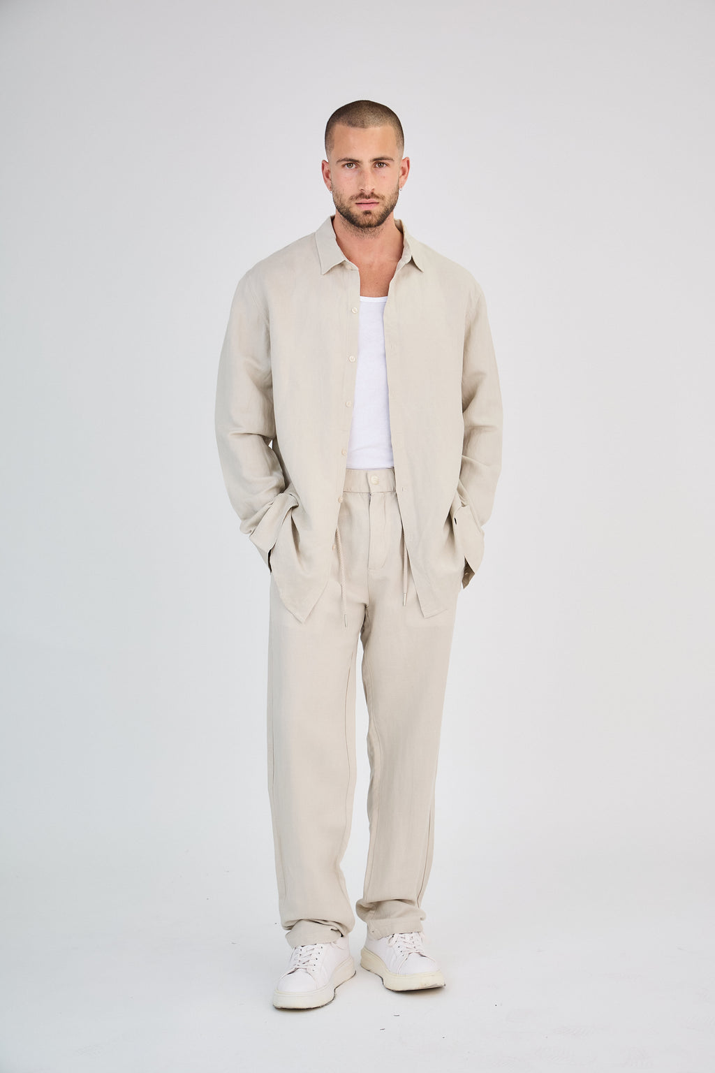 Chemise en Lin Manches Longues Beige