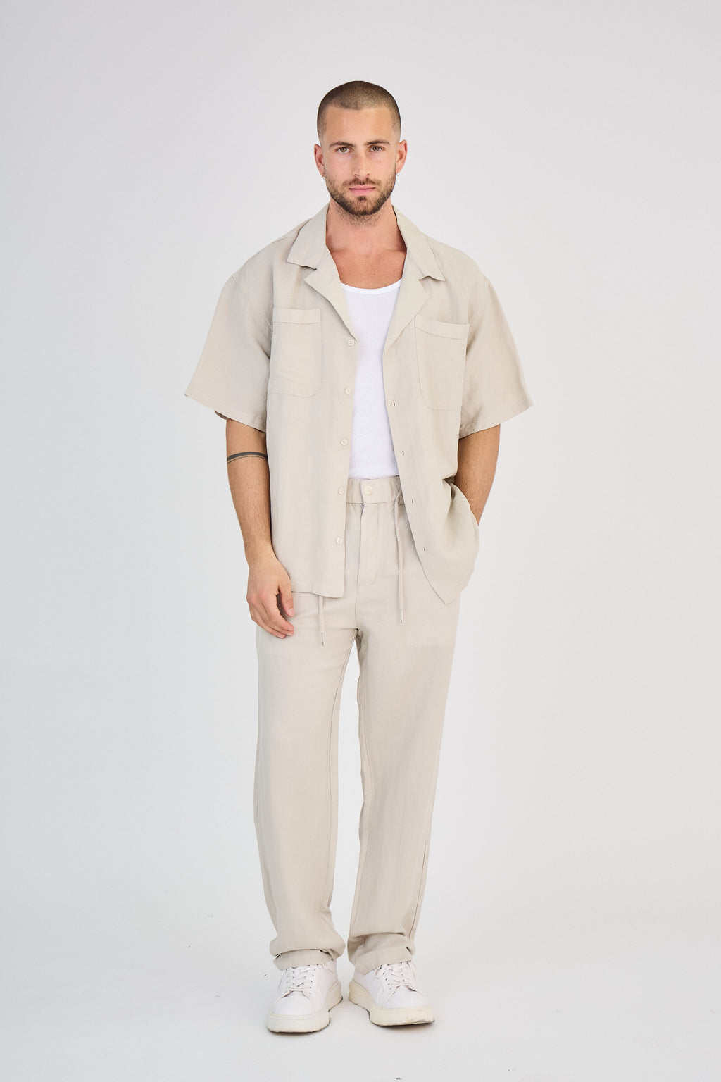 Chemise en Lin Manches Courtes Beige