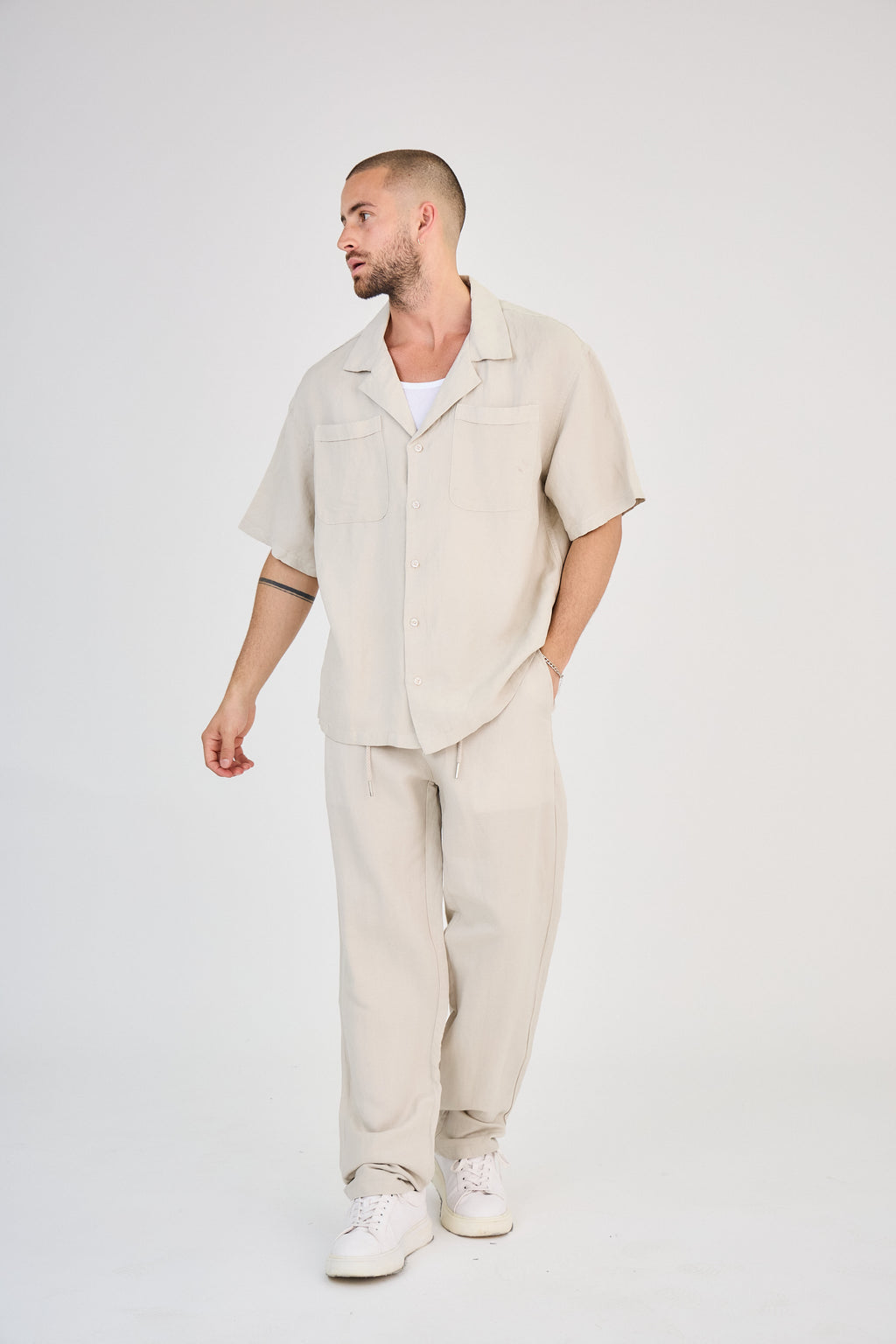 Chemise en Lin Manches Courtes Beige