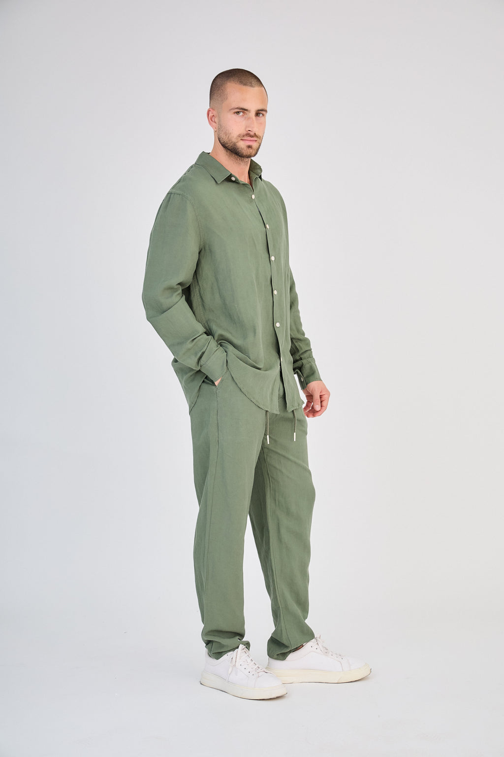 Chemise en Lin Manches Longues Verte