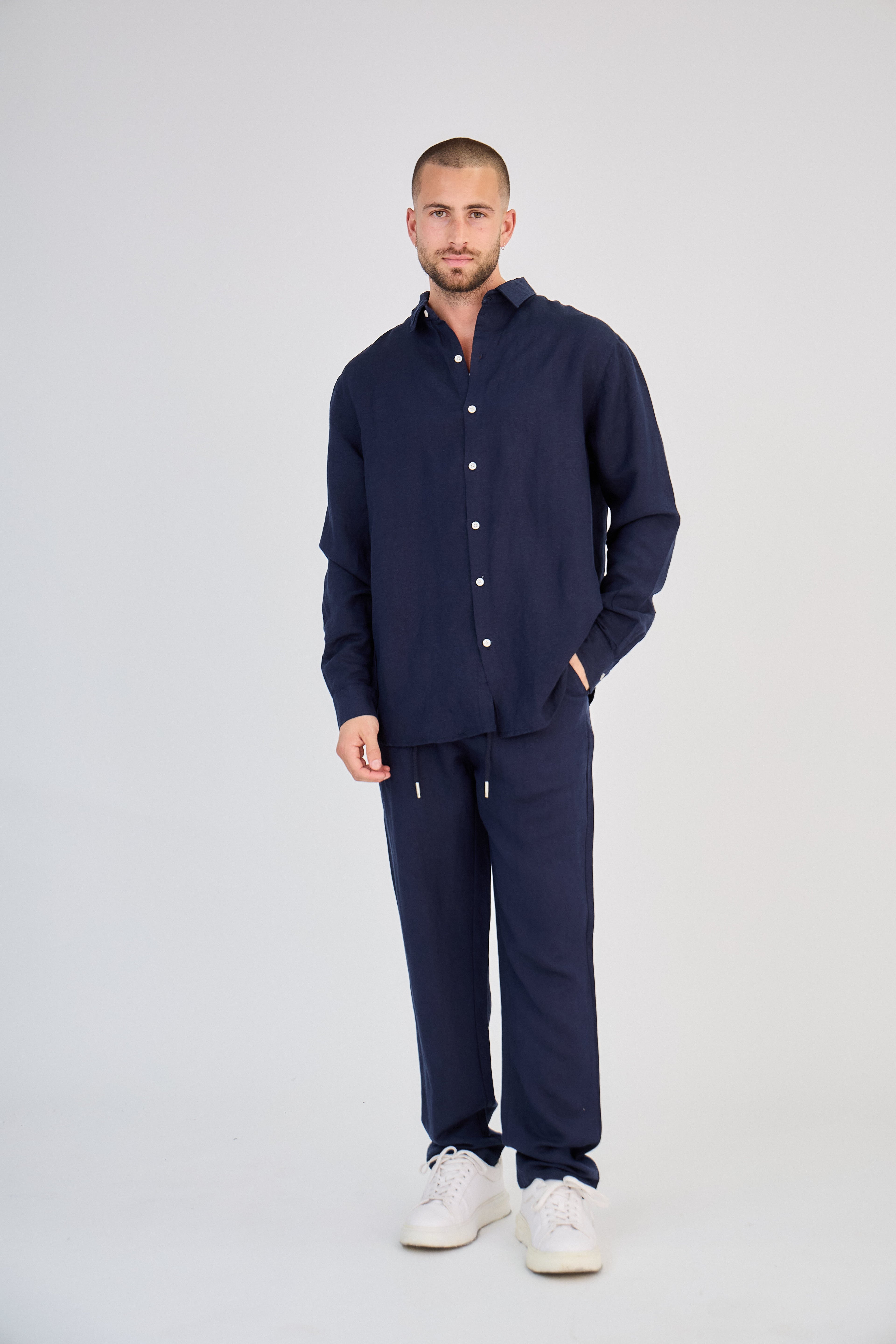 Chemise en Lin Manches Longues Bleu Marine