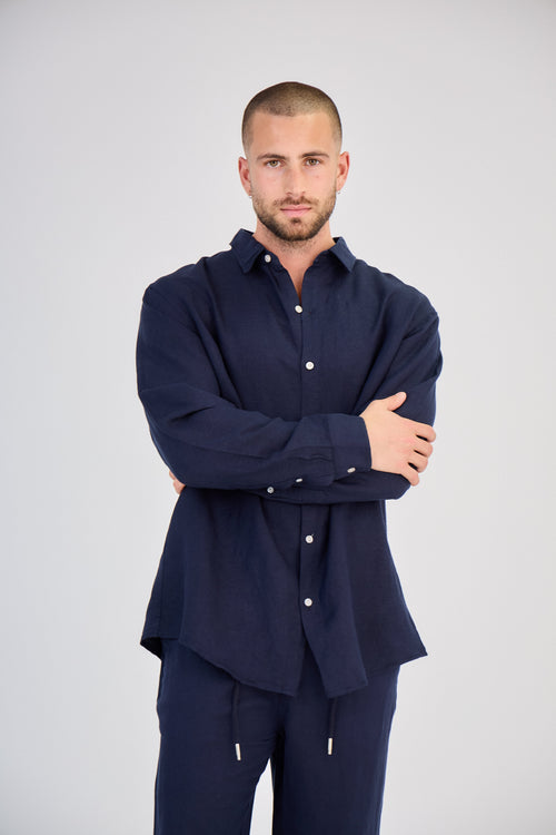 Navy Blue Long Sleeve Linen Shirt