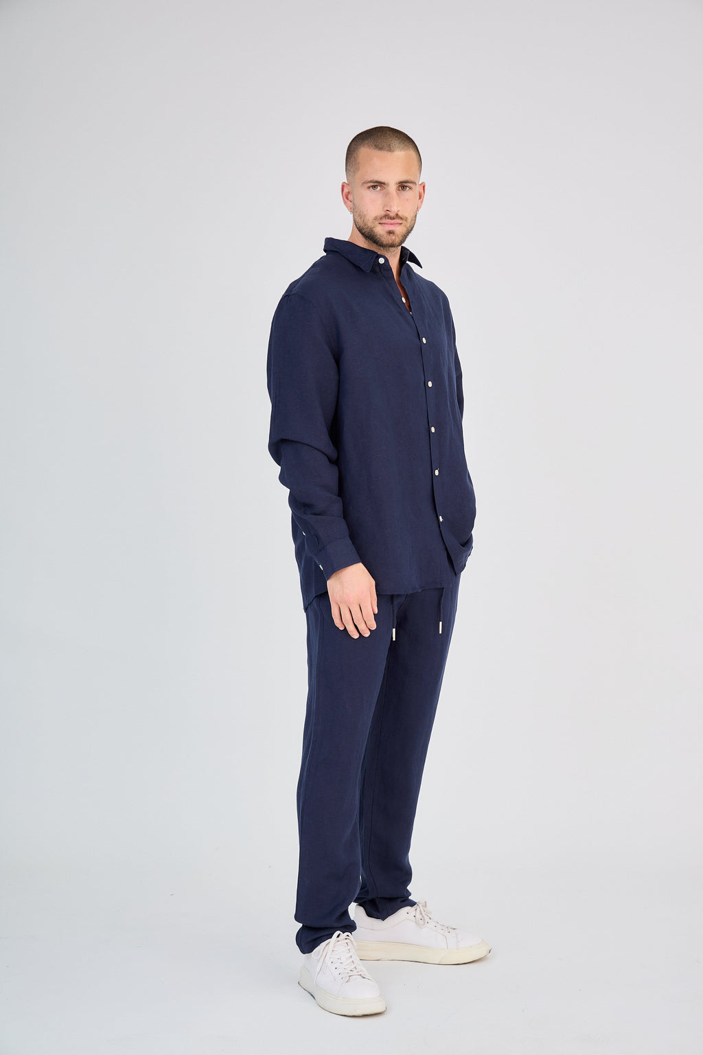 Chemise en Lin Manches Longues Bleu Marine