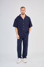 Navy Blue Short Sleeve Linen Shirt